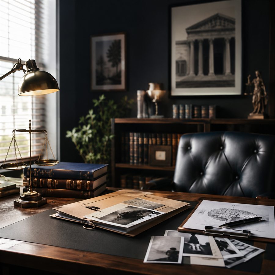 Forensic psychology office with justice and investigation materials
